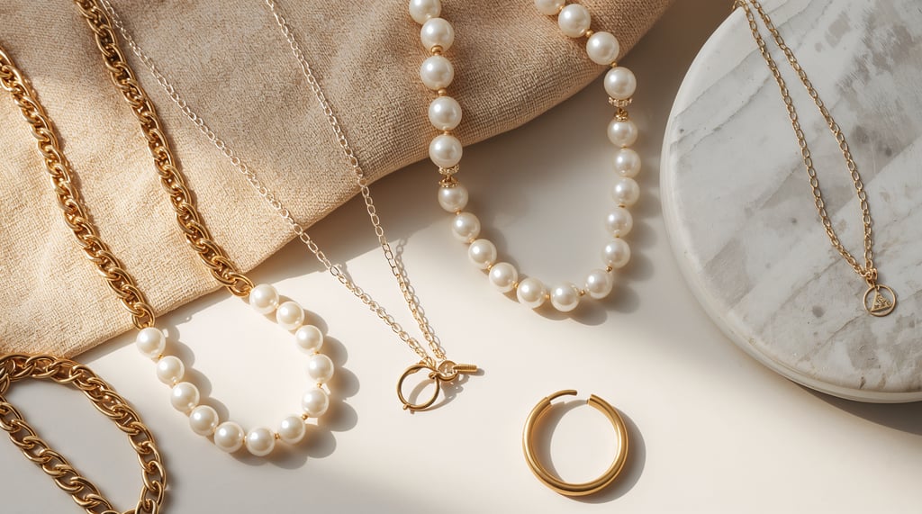 Elegant gold chain necklaces, pearl jewelry, and a ring displayed on marble and fabric.