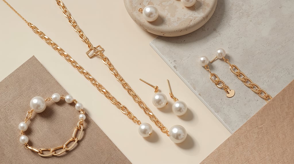 Elegant gold chain jewelry set featuring a pearl necklace, matching earrings, and a bracelet on a neutral background.