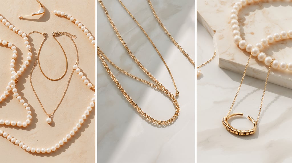 Elegant gold necklaces and pearl jewelry collection displayed on a white marble background.