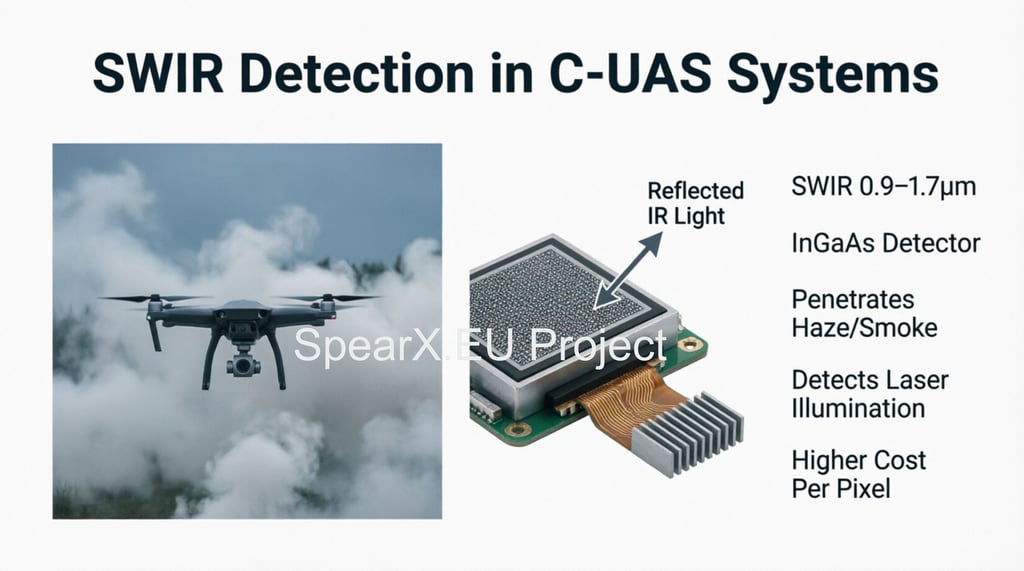 A SWIR InGaAs detector sensor next to a drone in clouds, highlighting C-UAS detection capabilities.