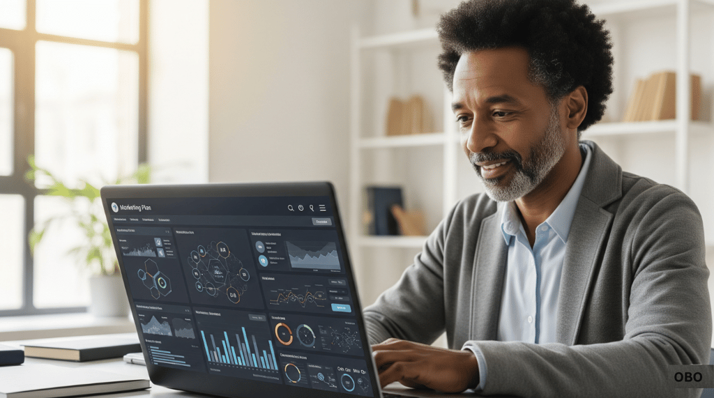 Marketer analyzing AI-driven marketing data on laptop.