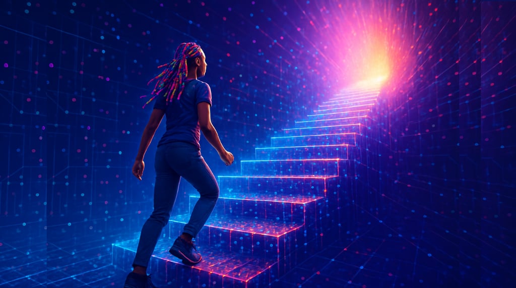 A woman with colorful braids climbs glowing digital stairs toward a bright, futuristic light.       