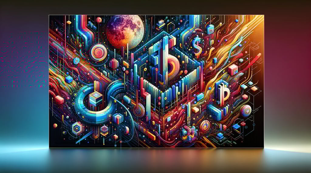 Ilustração digital NFT de um universo virtual, destacando elementos de realidade aumentada e códigos