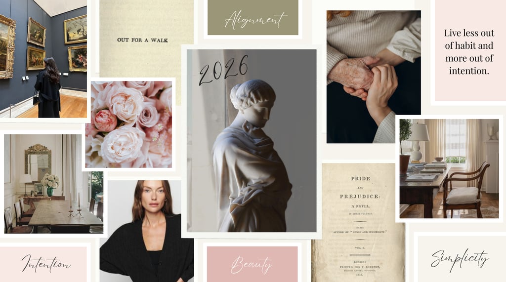 A calm vision board collage with a classical statue at the center, and soft neutral tones