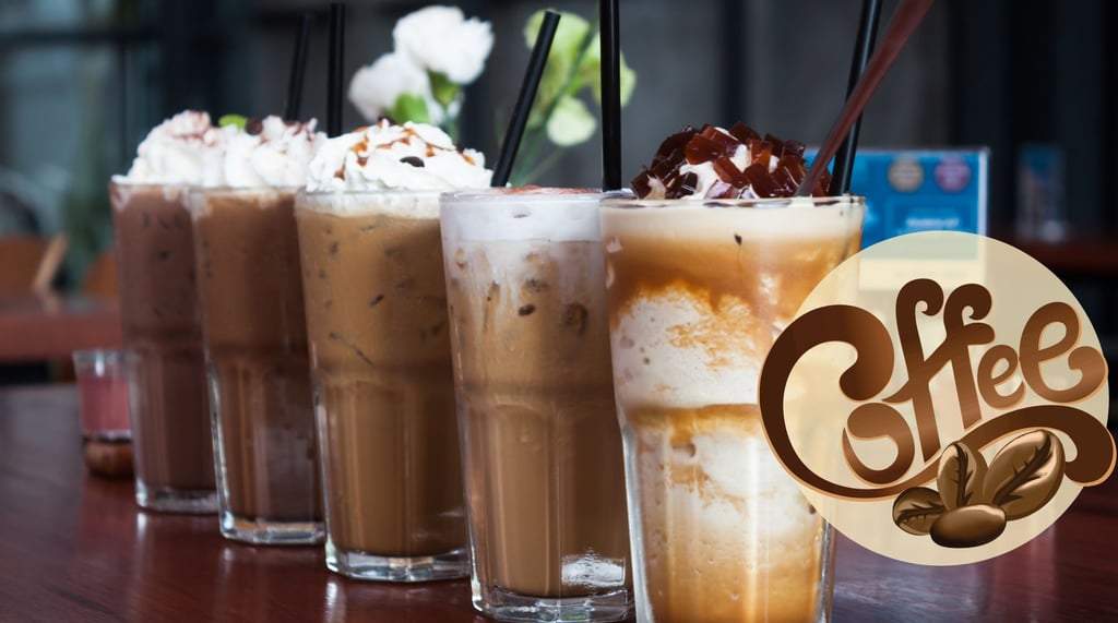a group of three glasses of iced coffee with coffee beans and milk