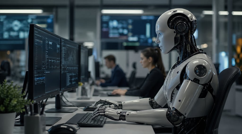 Robô humanoide trabalhando em computador em escritório moderno, representando o avanço da inteligênc