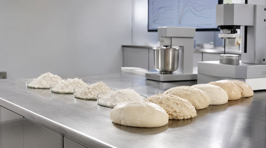 Wheat flour and dough samples with varying textures displayed on a stainless-steel bench in a lab