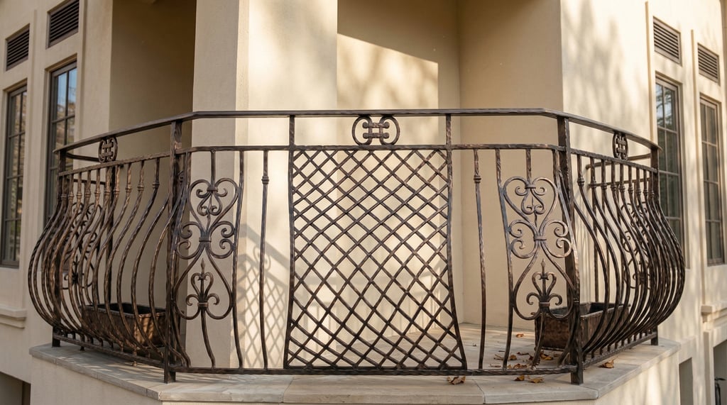 Custom decorative wrought iron balcony railing with ornate scrollwork and lattice design on a luxury home.