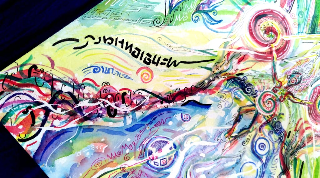 Aquarelle aux tons colorés entre l'abstrait et le cocret, pouvant représenter une frontiere entre mer et ciel, un uterus, etc