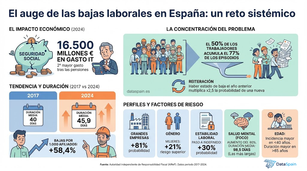 Infografía del Auge de las Bajas Laborales en España: Un Gasto Récord de 16.500 millones de euros