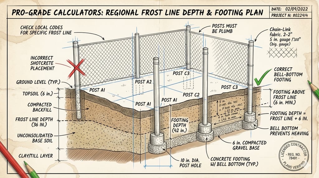 Diagram showing regional frost line depth and bell-bottom concrete footing plan for post installation.