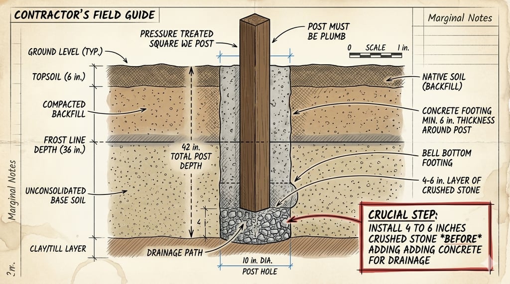 Diagram showing a fence post installation with a concrete footing, gravel base, and frost line depth.