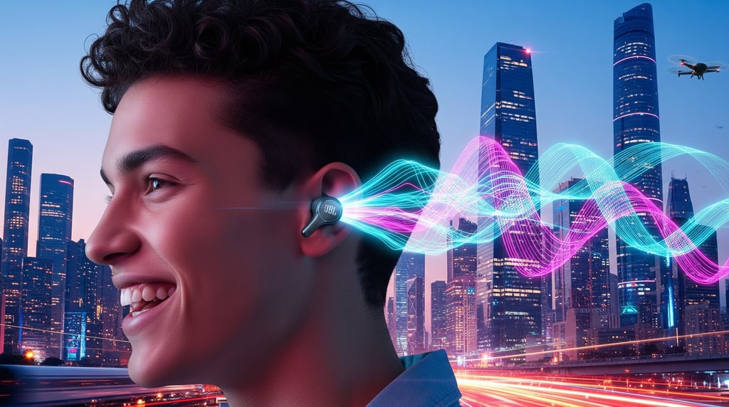 um homem com fones de ouvido e um fone de ouvido Bluetooth