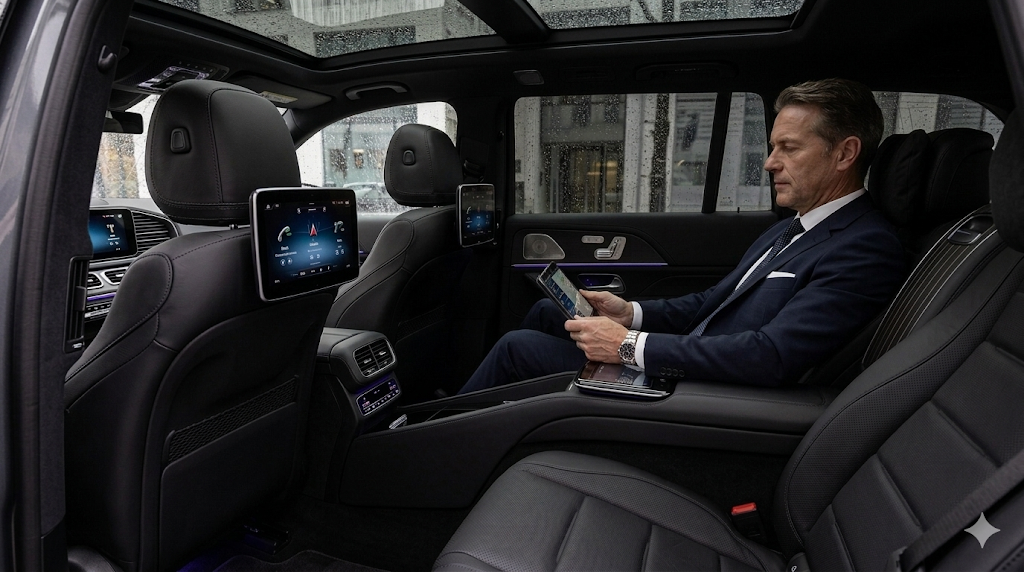 Businessman using a digital tablet in the luxury rear seat of a chauffeur-driven SUV.