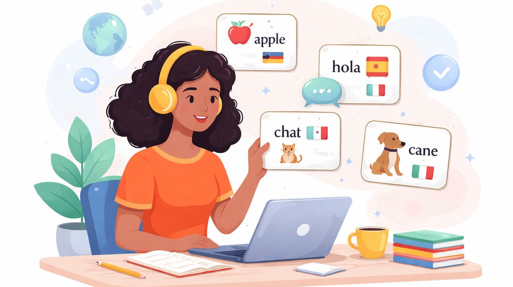 Illustration of a woman studying language flashcards at her desk. Floating flashcards, representing modern microlearning.