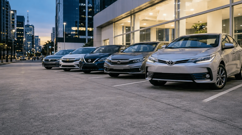 Comparativo entre Corolla, Civic, Cruze, Jetta e Sentra em cenário urbano.