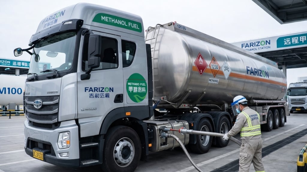 Caminhão movido a metanol sendo abastecido em estação industrial