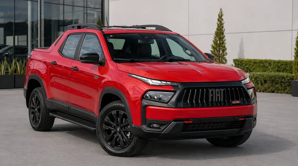 Fiat Toro Ultra 2026 vermelha em showroom externo com design moderno e sem placa