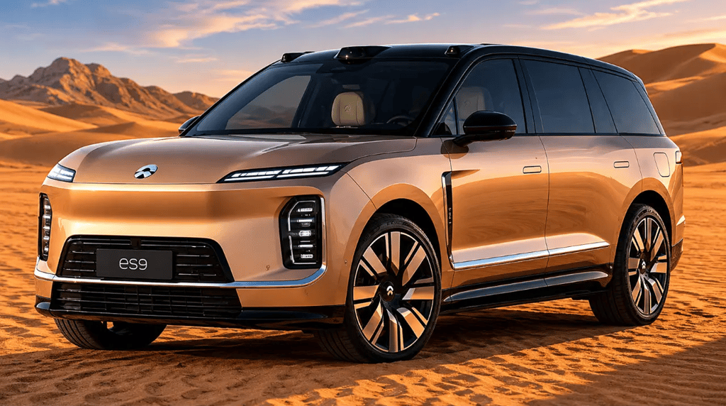 Nio ES9 SUV de luxo chinês em cenário desértico durante o pôr do sol