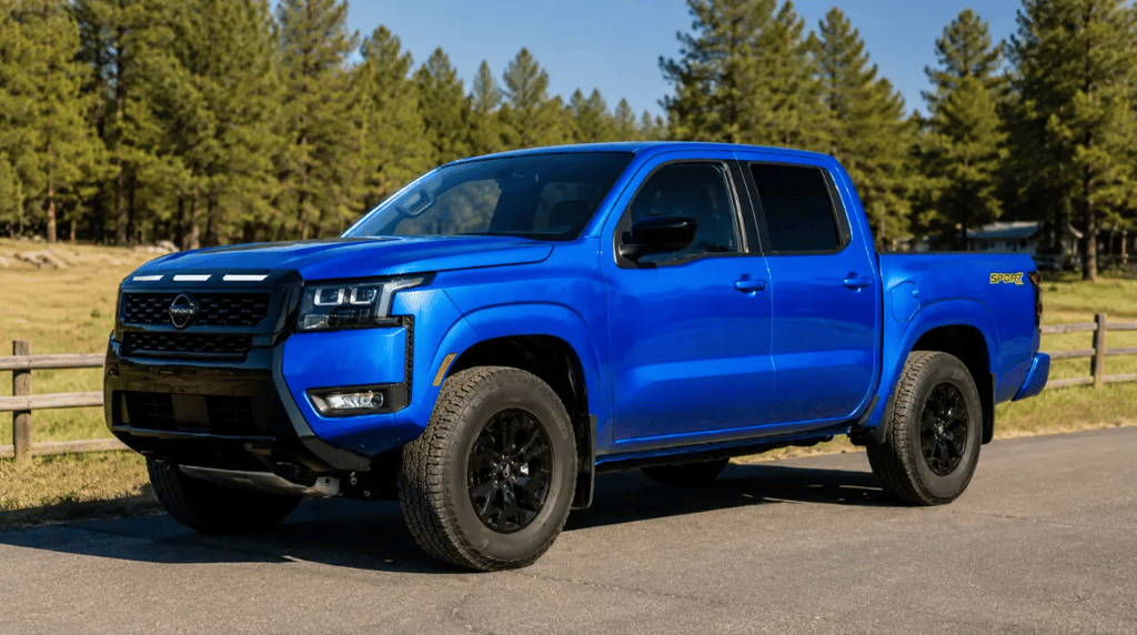 Nova Nissan Frontier Sport Edition 2027 azul com visual off-road em estrada rural
