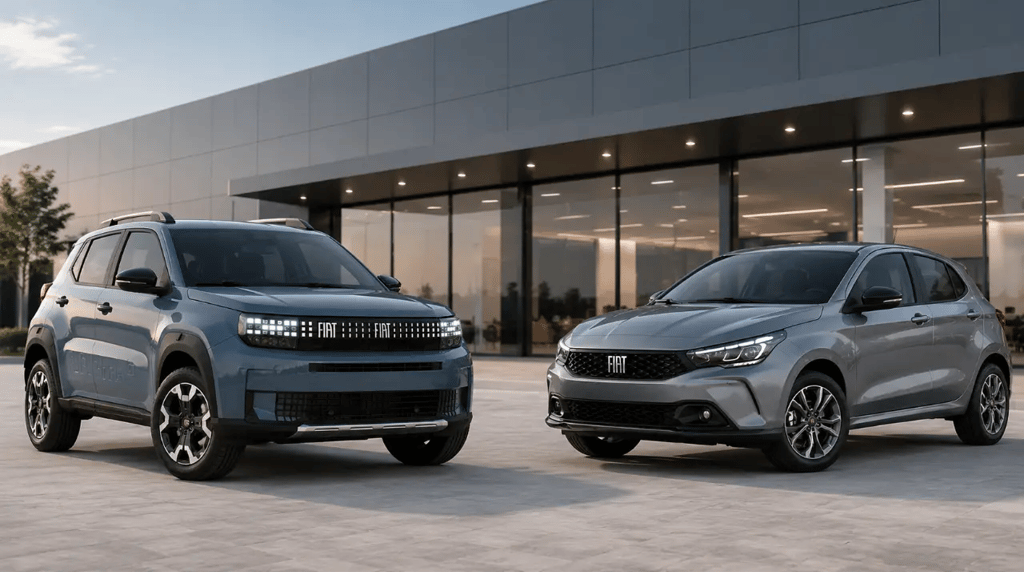 Novo Fiat Argo e Argo atual frente a frente em showroom externo moderno