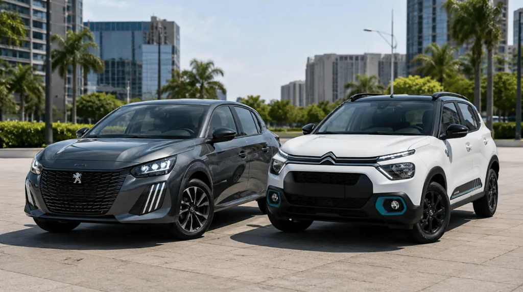 Peugeot 208 e Citroën C3 You lado a lado em showroom externo urbano moderno