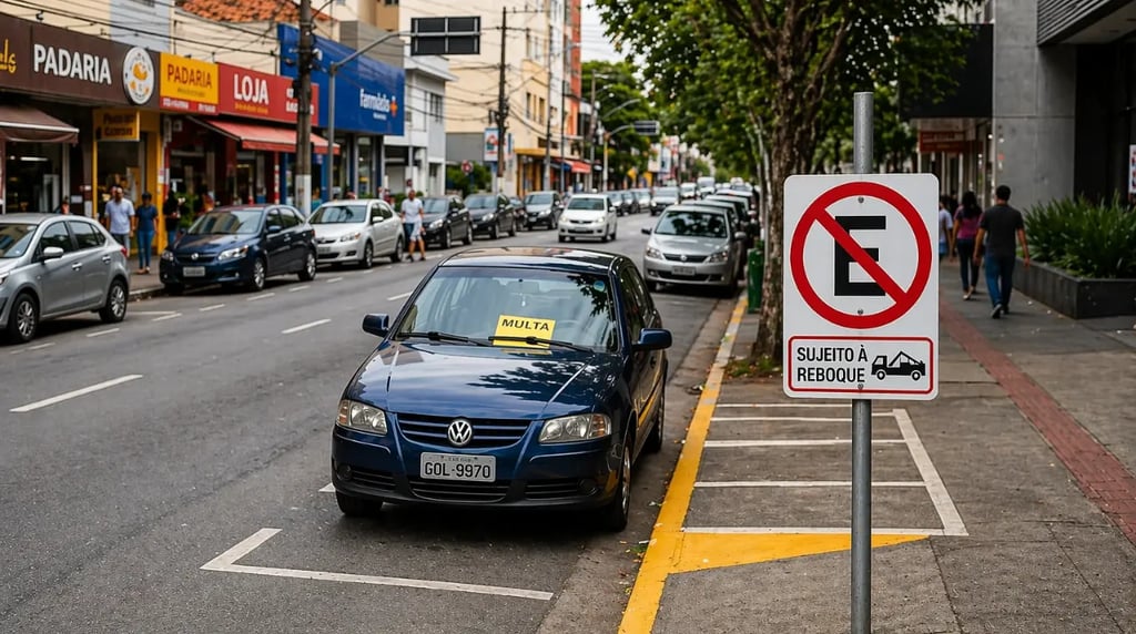 proibido estacionar placa em rua urbana com carro multado estacionado em local proibido