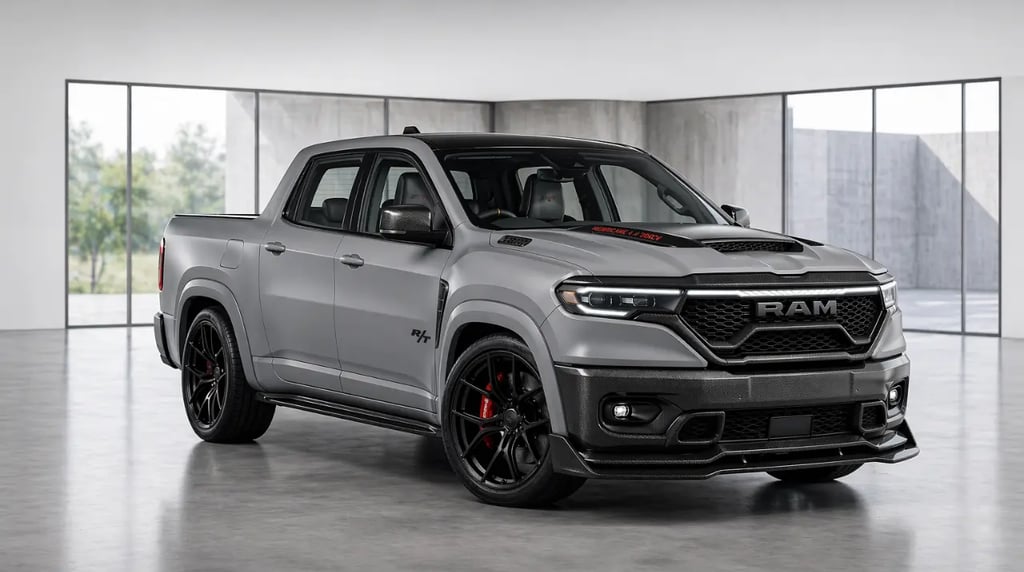 RAM Rampage R/T 2027 conceito 300 cv com visual SRT em showroom moderno