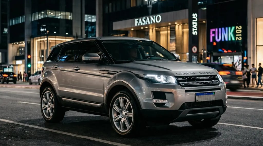 Range Rover Evoque 2012 prata estacionada em rua de luxo à noite com iluminação urbana