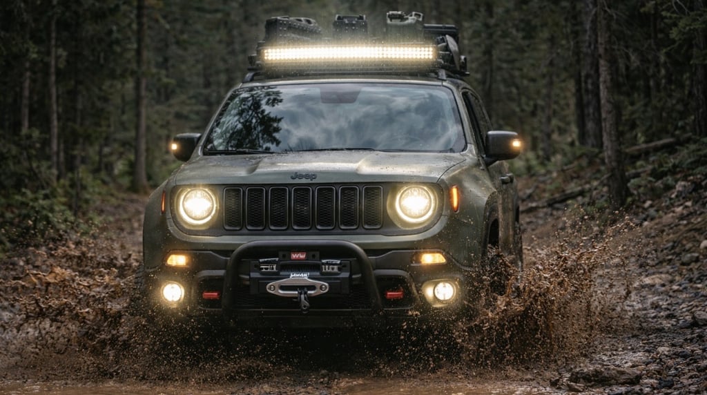Jeep Renegade Trailhawk X conceito off-road atravessando lama com faróis acesos e visual extremo