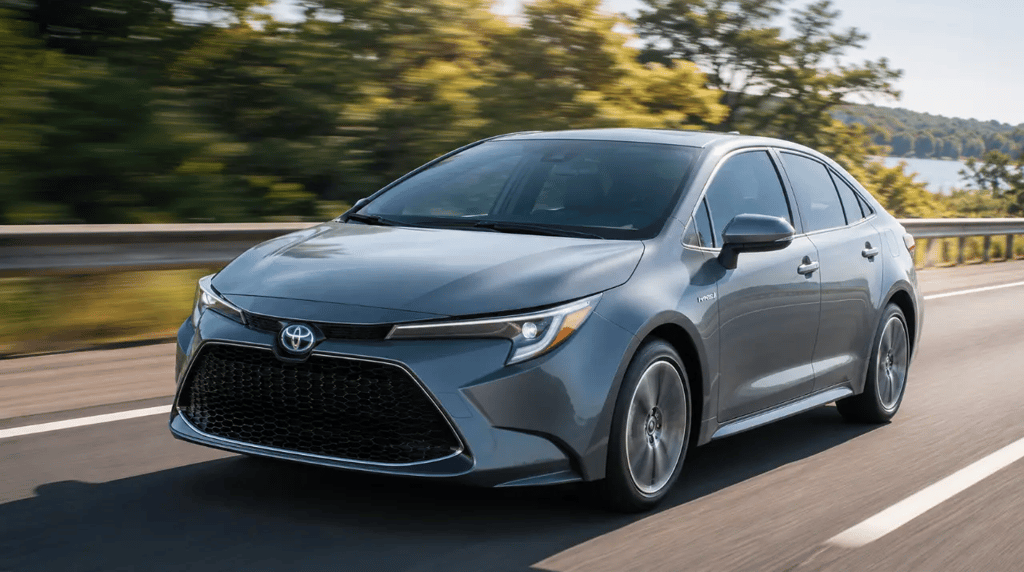 Toyota Corolla Hybrid cinza em movimento na rodovia