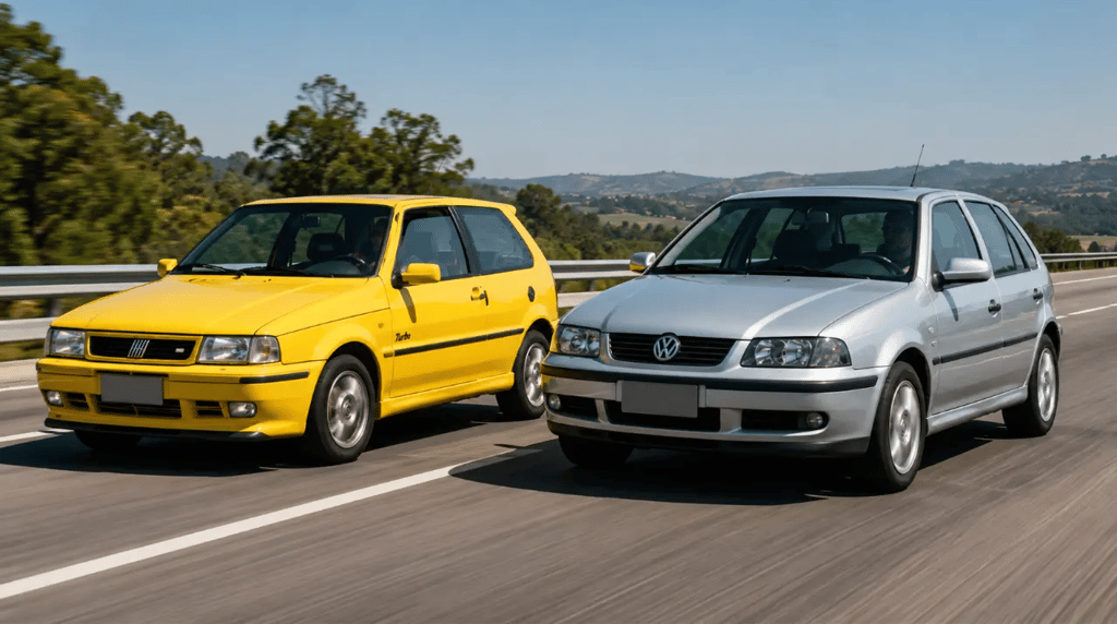 Uno Turbo amarelo e Gol Turbo prata em movimento lado a lado na rodovia