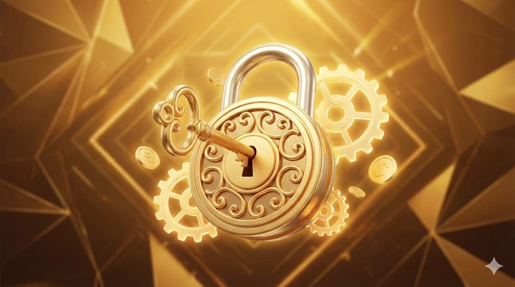 "3D ilustracija zlatnog katanca i ključa sa novčićima za Gold escape room paket."