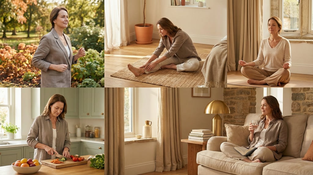 Donna in momenti di benessere quotidiano: camminata, meditazione, cucina sana e relax.