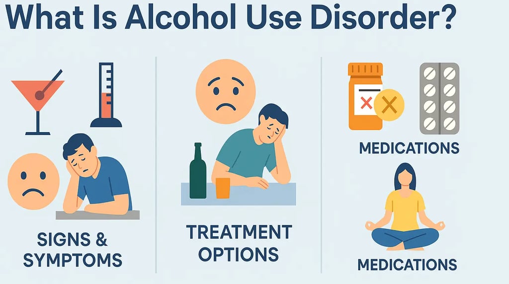 Illustration showing signs, symptoms, and treatment options for Alcohol Use Disorder (AUD)
