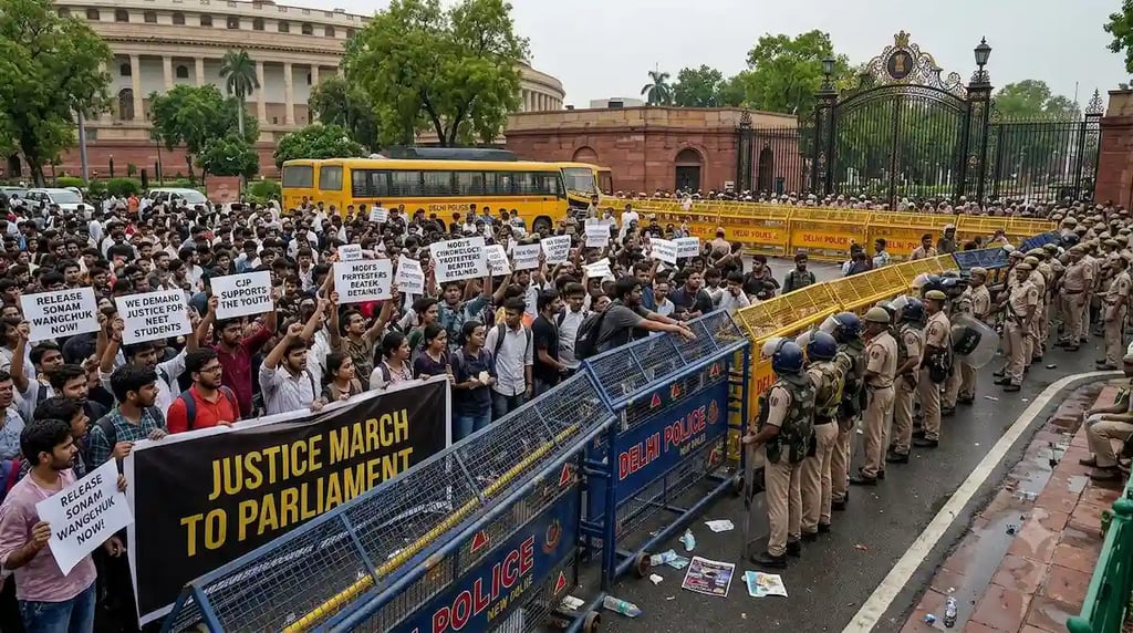Thousands of Cockroach Janta Party (CJP) student protesters holding justice signs