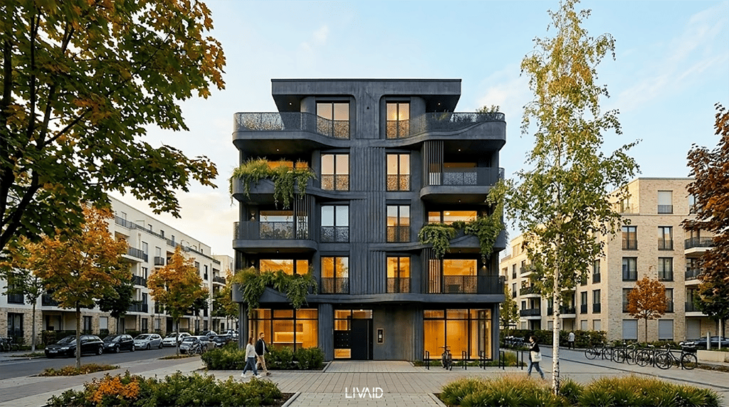 Frontale Ansicht des MFH Haus BEM mit rhythmisch angeordneten, Balkonen, vertikalen Lamellen