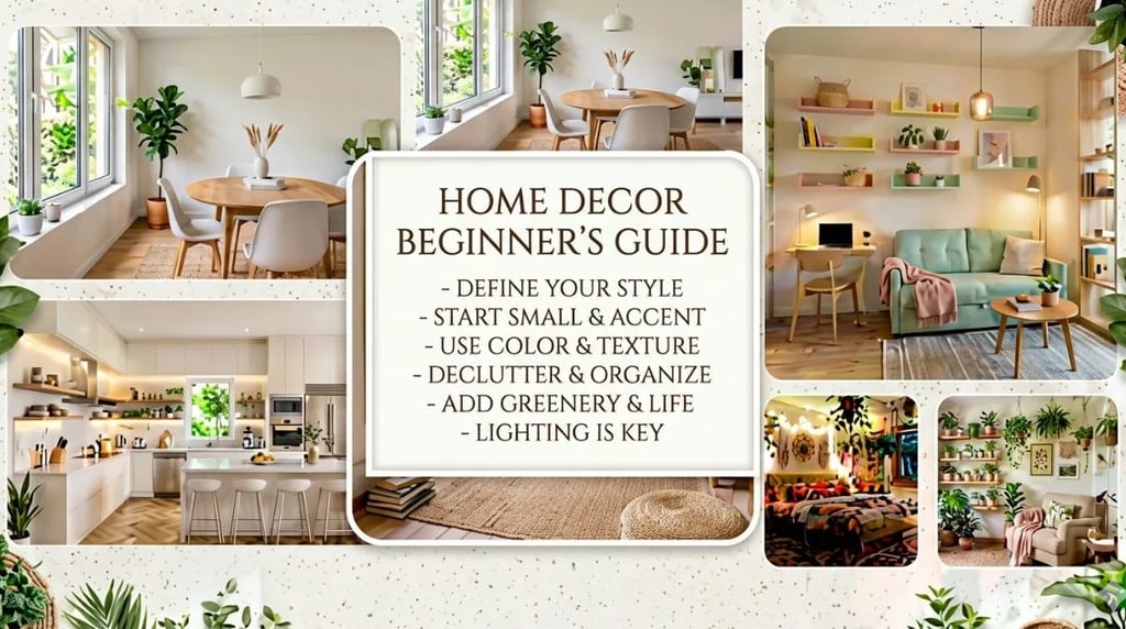 Home decor beginner’s guide showcasing modern interior design ideas for living rooms, kitchens, bedr