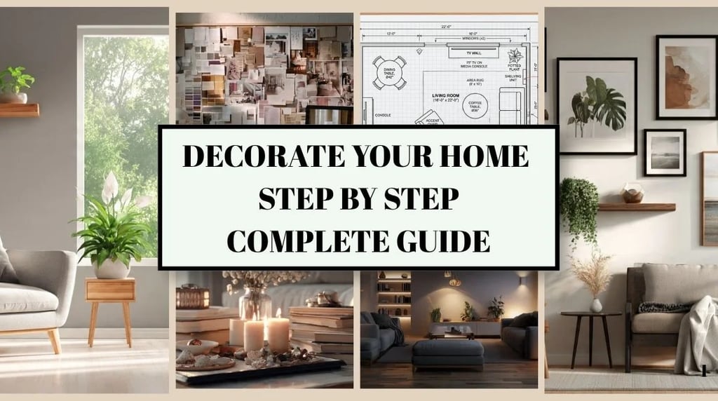 Modern home decor collage with interior design ideas and a step-by-step home decorating guide.