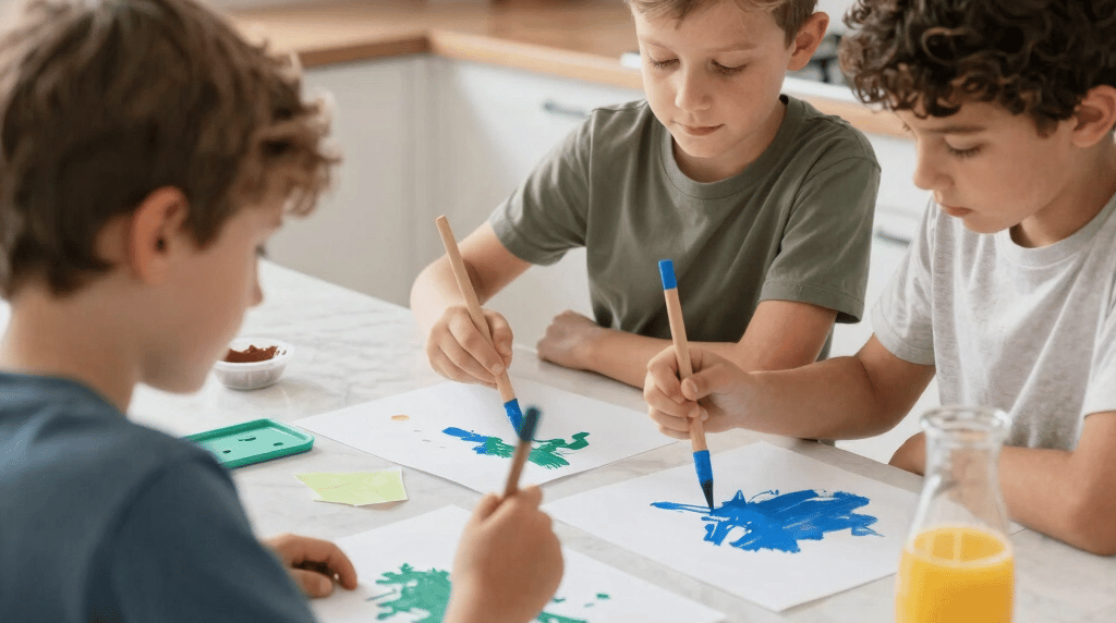 Kids at kitchen counter painting on top of natural stone surface protected by protective film.