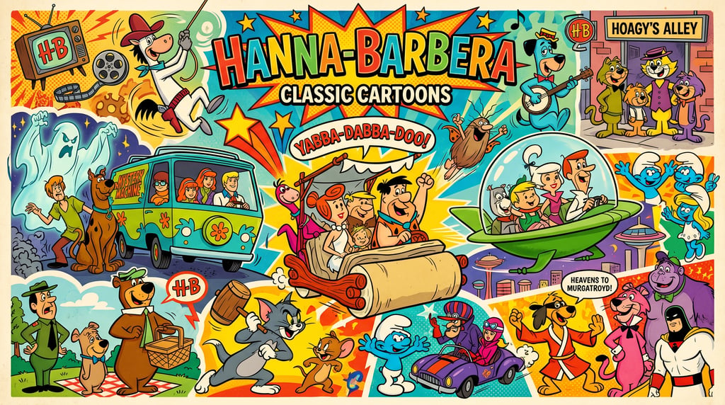 Colagem colorida de desenhos animados clássicos da Hanna-Barbera com Scooby-Doo, Os Flintstones, Tom