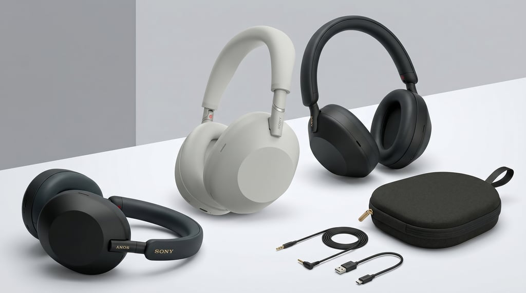 Sony WH-1000XM5 wireless noise cancelling headphones in black and silver with travel case and cables.
