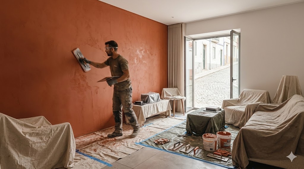 Professional contractor applying decorative plaster to a terracotta accent wall during a home renovation.