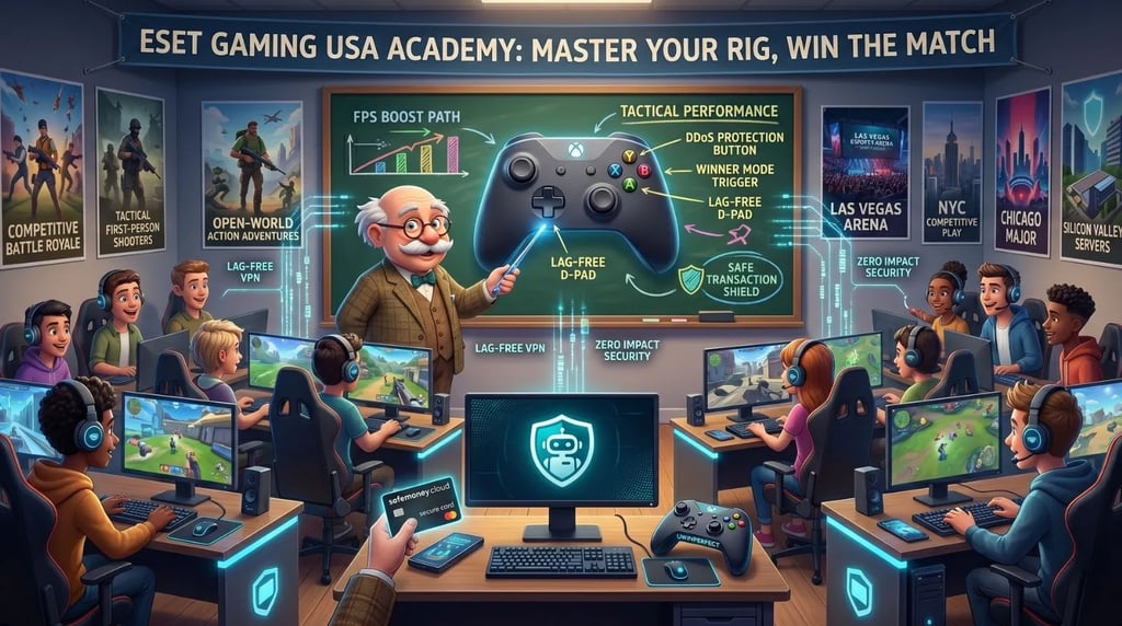 A whimsical 3D cartoon classroom with a professor teaching about UWINPERFECT and ESET VPN to absorbed US gamers