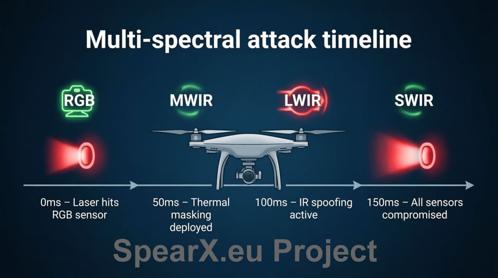 Multi-spectral attack timeline showing laser spoofing stages on drone RGB, MWIR, LWIR, and SWIR sensors.