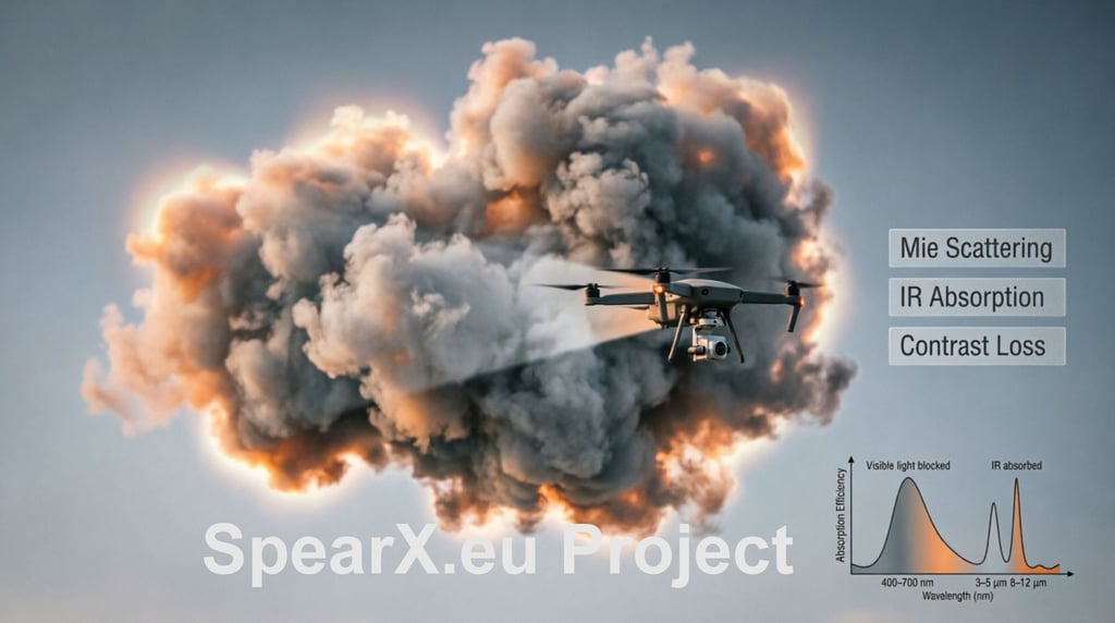 Surveillance drone flying near a thick cloud illustrating IR absorption and Mie scattering effects.