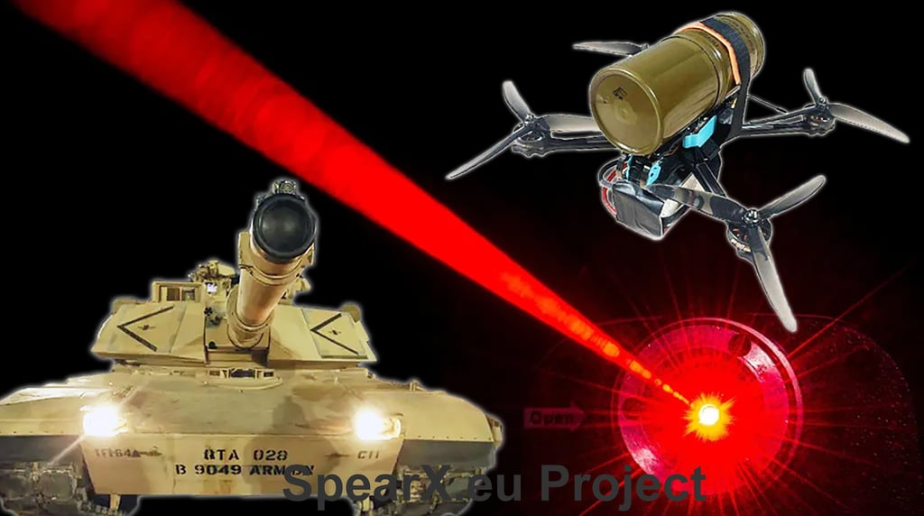 Military drone carrying an explosive payload targeting a main battle tank with a red laser beam.