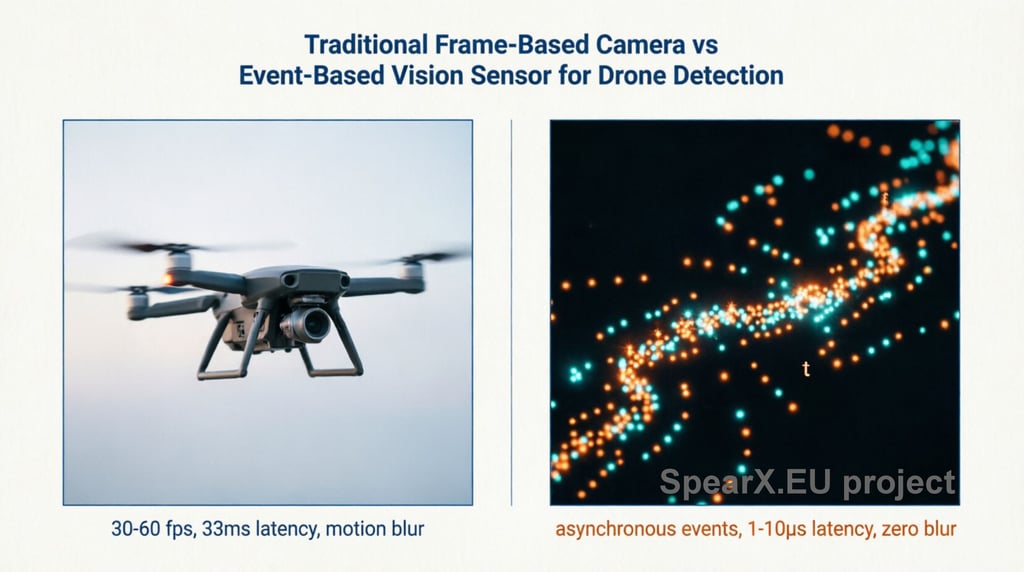 Comparison of traditional frame-based camera vs event-based vision sensor for high-speed drone detection.