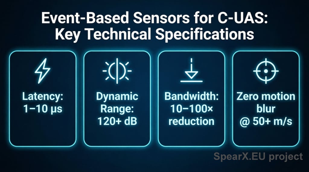 Infographic showing event-based sensor specs for C-UAS including low latency, high dynamic range, and zero motion blur.