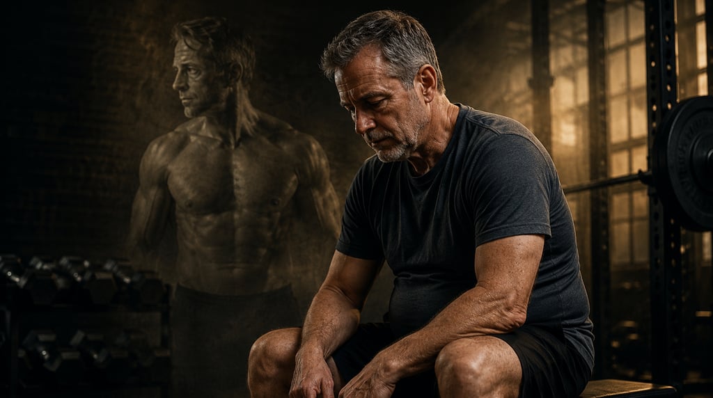 Man over 50 in gym caught in the Diminishment Trap, reflecting on lost strength, muscle, and confide